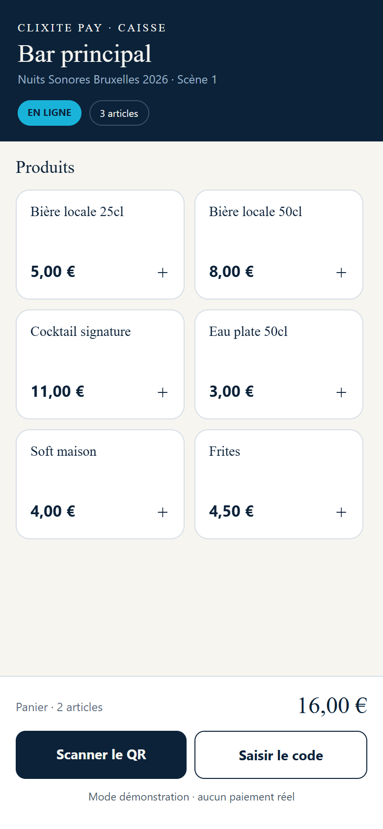 Écran de caisse de l’application staff Clixite Pay