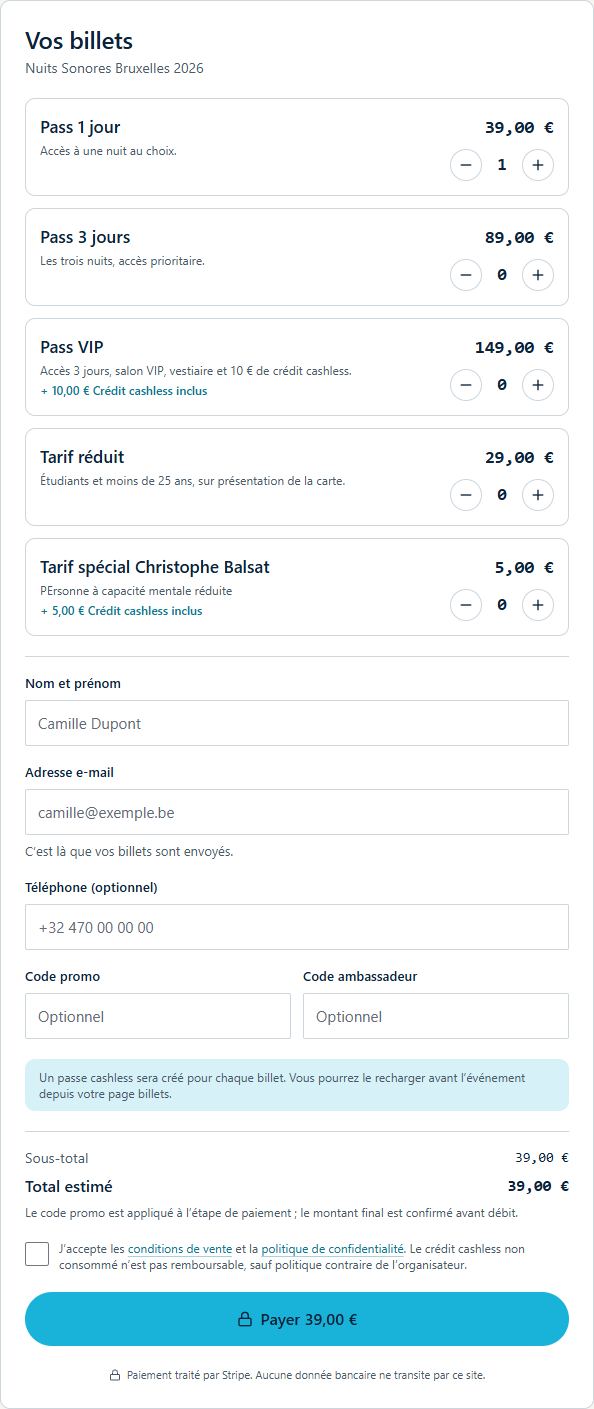 Formulaire d’achat avec total et moyens de paiement