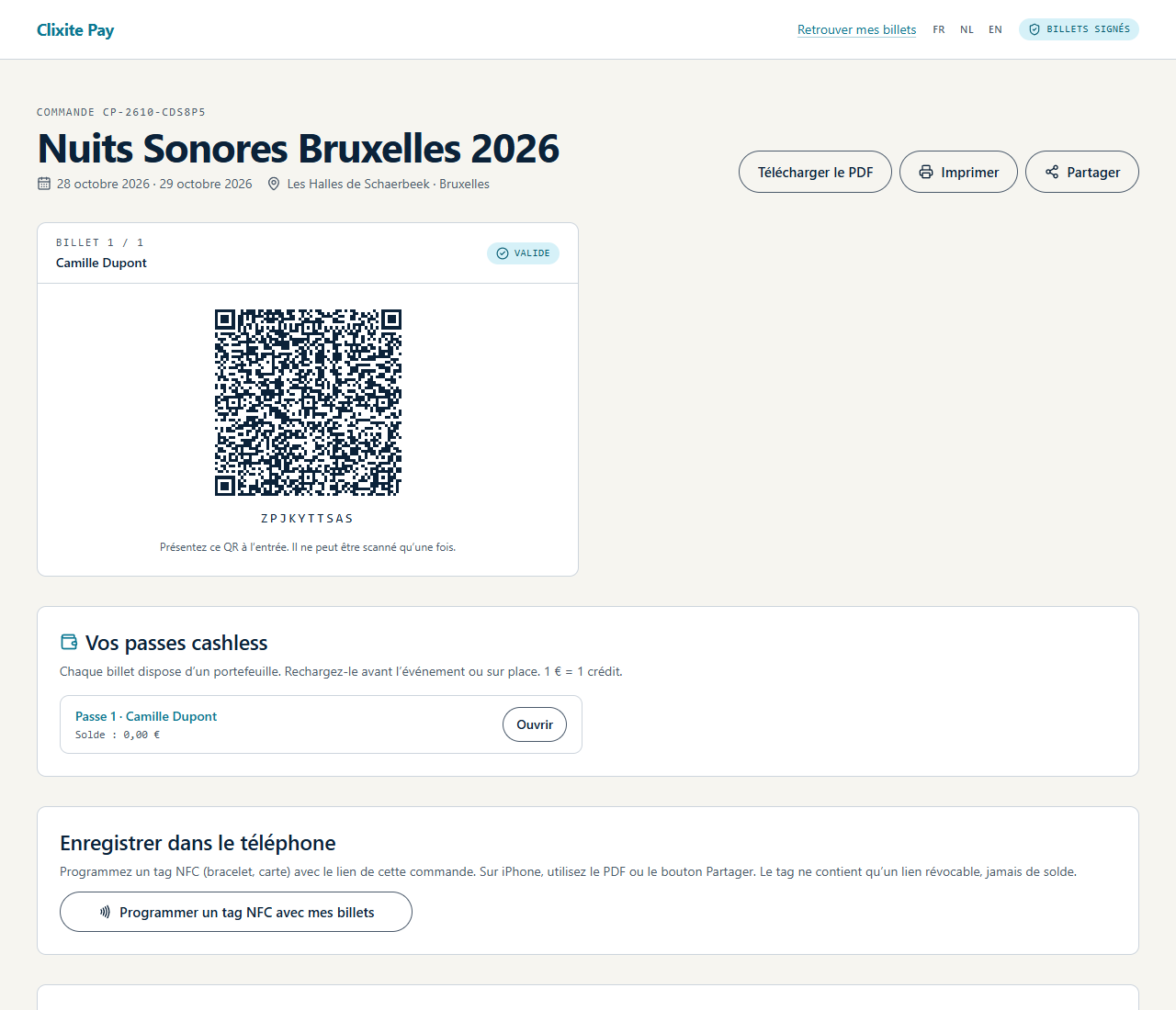 Page billets avec QR code signé et passe cashless